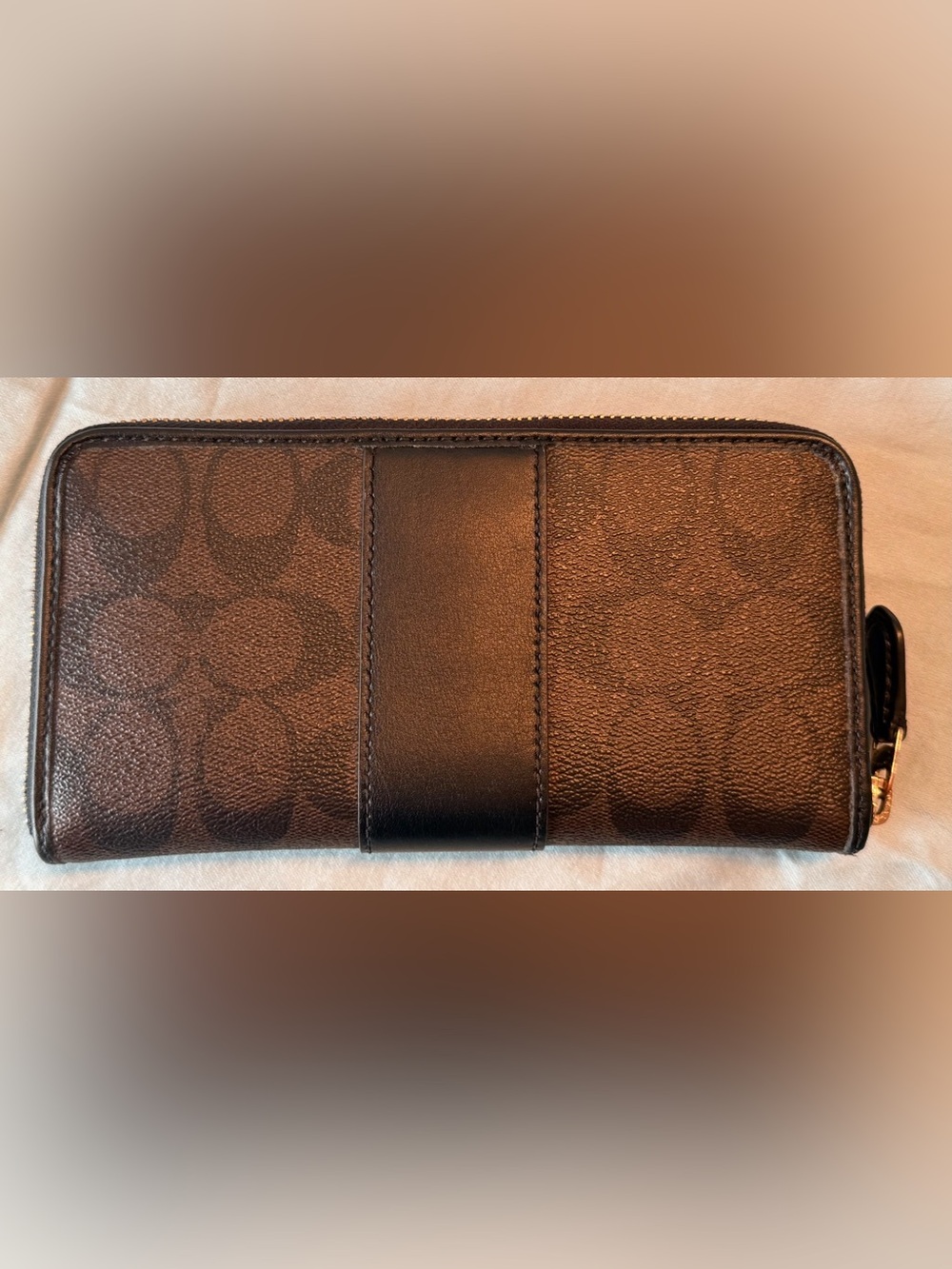 Coach Brown and Black Zip Around Signature Wallet with Gold Color Logo - Picture 2 of 12
